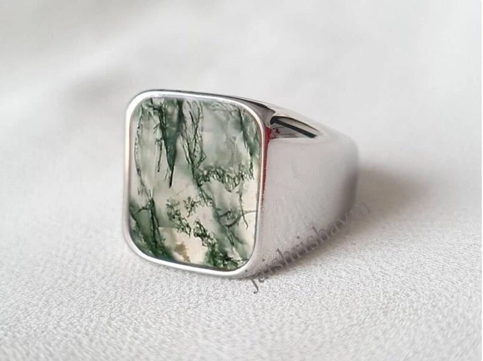 Natural Moss Agate Ring 925 Sterling Silver Ring Ring For Men Gift Valentine Day - Image 1 of 4