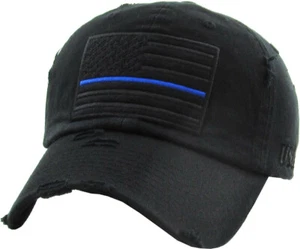 Thin Blue Line Law Enforcement Police Distressed Adjustable Dad Hat - Picture 1 of 6