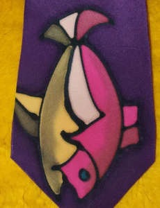 ROBERT DASKAL ~ HAND PAINTED HANDPAINTED ART ~ MENS TIE ~ FISH ~ 57" - Picture 1 of 4