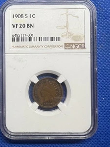 1908-S 1C Indian Head Cent NGC VF20 BN #H136 - Picture 1 of 4