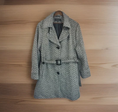 Abrigo Giacca Mezcla Lana 2X Plus Cinturón Tweed Espiga Negro Blanco Cuello Ancho Foto 1 de 4