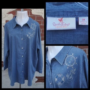 3X tall Quacker Factory Blue Shirt Shacket Button Long Sleeve Rhinestones Denim - Picture 1 of 24