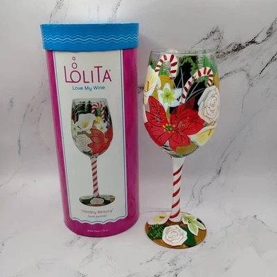 Lolita Holiday Beauty Hand Painted Wine Glass Poinsettia Christmas Floral - Image 1 of 4