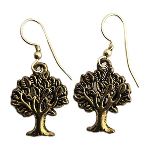 Tibetan Antique Golden Tree of Life Charm Gold Filled Drop Earrings Magick - Picture 1 of 5