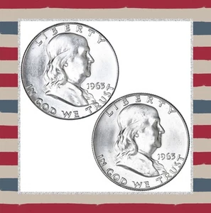 2er Set | 1963 D & P Franklin Half Dollar 90% Silber US Münzen - Franklin Halves - Bild 1 von 6