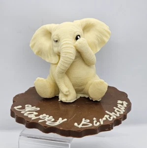 3D White Chocolate Elephant On Plaque Sweet Gift Cake Topper Birthday Party - Picture 1 of 7
