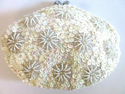 Vintage Evening Bag Clutch Iridescent Sequins Beads Ivory White 1960s Hong Kong - Image 1 of 4