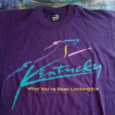 Large Vtg Kentucky Derby T-shirt 90s Horse Racing Tee Fruit Loom Purple  - Image 1 of 4