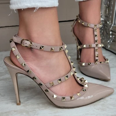 Valentino Garavani Rockstud Heels Shoes Sandals Nude Leather Caged EU37.5 UK 4.5 - Image 1 of 4