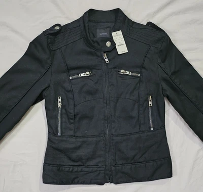 NUEVO CON ETIQUETAS DE COLECCIÓN Express Jean Cremallera Motociclista Negro Denim Chaqueta Mujer Pequeña NOS Motocicleta Foto 1 de 4
