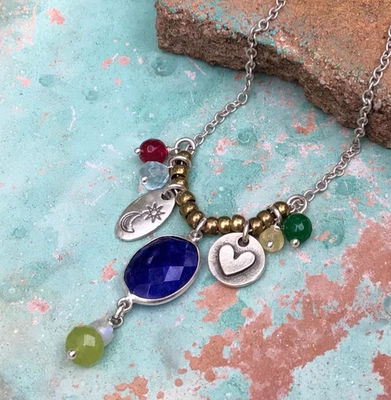 NATURAL GEMSTONES SUNDANCE CHARM NECKLACE ARTISAN OXIDIZED SILVER JEWELRY - Image 1 of 4