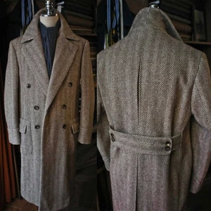 Vintage Men Brown Coat Herringbone Tweed Jacket Double Breasted Wide Lapel Long - Picture 1 of 14