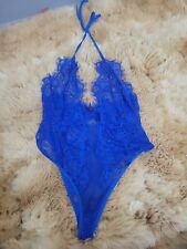 Blue Lace Lingerie Teddy Halter Sexy Bodysuit Small