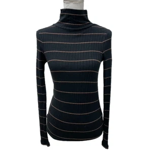 Vince Ribbed Turtleneck Top Womens Small Black Beige Stripe Capsule Wardrobe - Picture 1 of 13