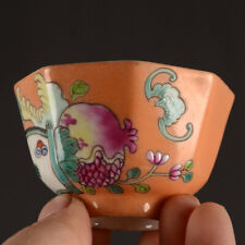 2.1" China Orange Peel Glaze Porcelain Hand Painting Pomegranate Eight Sides Cup