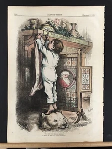 ORIGINAL 1876 THOMAS NAST HARPER’S WEEKLY HAND COLORED CHRISTMAS ENGRAVING SANTA - Picture 1 of 3