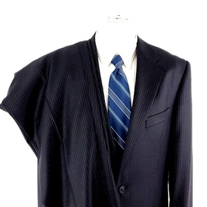 Marks Spencer Wool 2 Button 2 Piece Suit 40L Blue Striped 34/32 Flat Front Mid - Picture 1 of 12