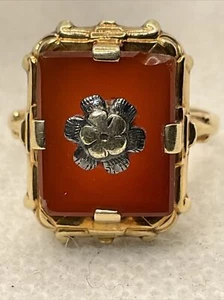VINTAGE HANDMADE Solid 14K Tricolor Gold Inlay Carnelian Ladies Ring 2.6gr. - Picture 1 of 16