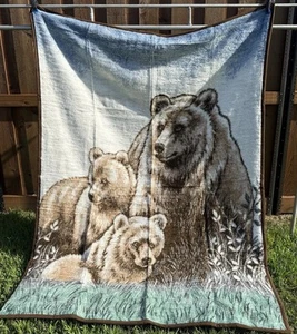 Vintage Biederlack Blanket Grizzly Bear & Cubs Brown Throw 60" x 84" Germany - Picture 1 of 7