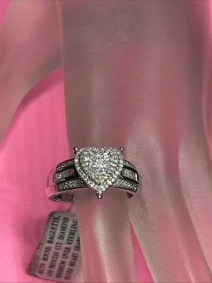 White Natural Multi Cut Diamond Heart Ring Rhodium / 925 .55ctw Sz8 - Image 1 of 4