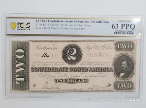 T-70 PF-5 1864 $2 Confederate Paper Money ~ PCGS Choice Unc 63 PPQ - Picture 1 of 2