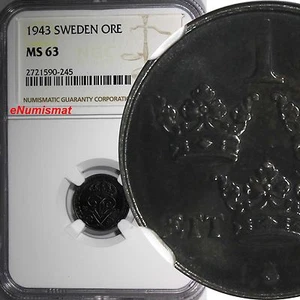 SWEDEN Gustaf V IRON 1943 1 ORE NGC MS63 1 GRADED HIGHER WWII Issue KM# 810 (45) - Picture 1 of 4