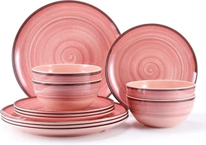 12Pcs Melamine Dinnerware Set, Plates and Bowls Sets for 4, Pink Color Dinner... - Picture 1 of 7