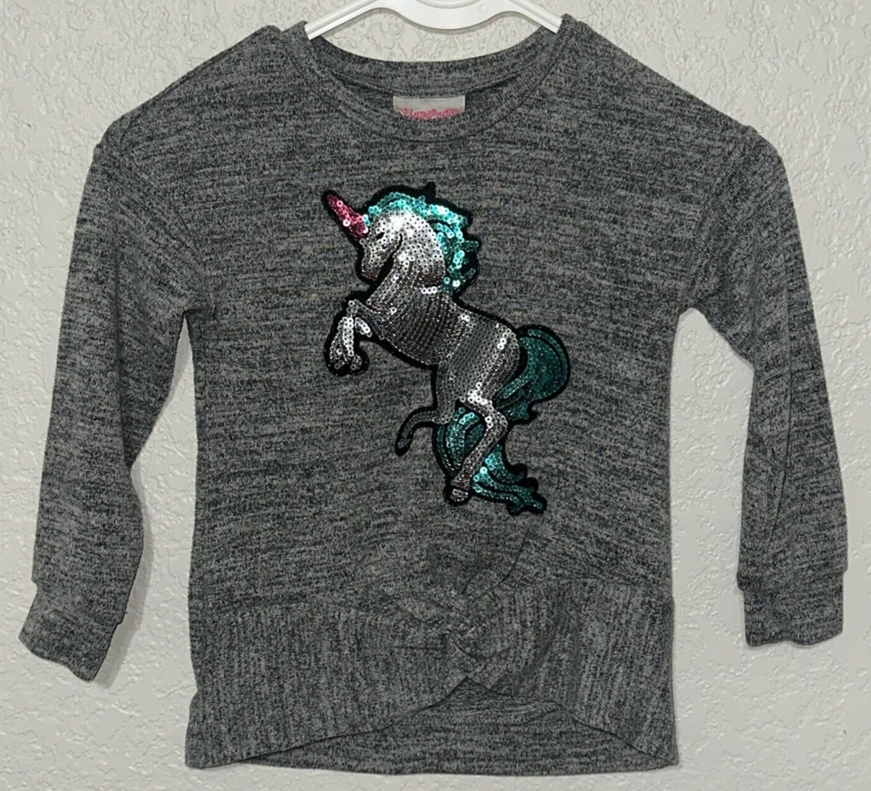 Flapdoodles Girls Size 4 Sequin Unicorn Gray Crimped Front Polyester Blend - Image 1 of 4
