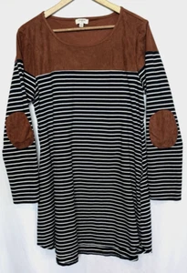 Umgee Nautical Preppy Striped Mini Dress Size L Elbow Patch Western Coastal - Picture 1 of 9