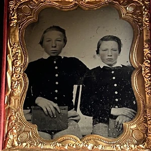 Antique Tintype Photograph Adorable Little Boys Holding School Books Brothers - Picture 1 of 12