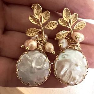 Gold Plated Natural Coin Pearl Dangle Earrings Drop Earrings Womens Jewelry - Picture 1 of 13