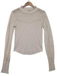 Free People Top Womens M Cream Alpine Swit Long Sleeve Mock Neck Lightweight - Picture 1 of 11