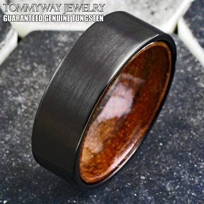 8mm Black Brushed Tungsten Red Sandal Wood Band Ring Men's Wedding Jewelry - Image 1 of 4