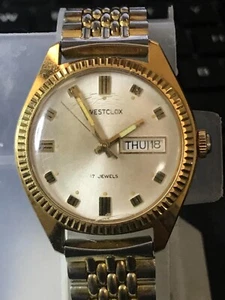 WESTCLOX 36mm 17 Jewels Swiss made Day/Date Golden Men's Watch, Run (Lot2209) - Picture 1 of 9