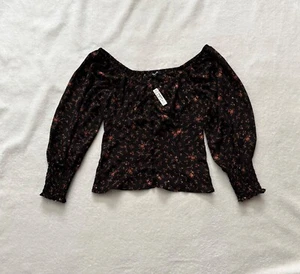 Neu mit Etikett Madewell Kirstie Damenoberteil schwarz Blumenmuster Herzausschnitt frische Zweige Größe 00 - Bild 1 von 9