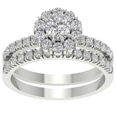 VS F  1.50 Ct Round Cut Lab Grown Diamond Halo Wedding Bridal Ring Set 10K Gold - Image 1 of 4