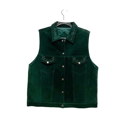 Agapo Western Vest Women SZ 3X Green Suede Leather Waistcoat Floral Embroidery - Image 1 of 4