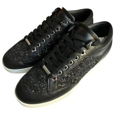 NEWJIMMY CHOO 132 Miami Leather Sneakers 38.5  8.5 Black Navy Sparkle Lace-up - Image 1 of 4