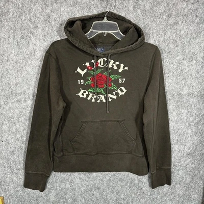 Vintage Lucky Brand Hoodie Womens XL Brown Embroidered Rose Pullover 00s Y2K - Image 1 of 4