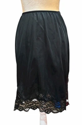 VINTAGE Shiny Nylon 1/2 Slip Black Coquette Pin Up Wide Lace Trim Seamprufe Sz M - Image 1 of 4