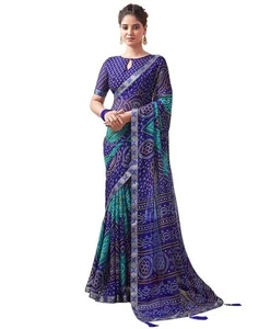 Indian Sarees Ror Women Bandhani Printed Chiffon Saree With Blouse - Picture 1 of 35