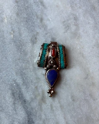 Turquoise, Coral, Lapis Lazuli, Tibetan Silver Bead w/3 holes for Necklace C639 - Image 1 of 2