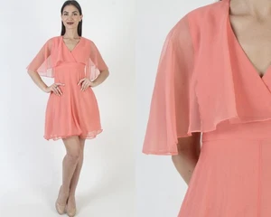 Vtg 70s Salmon Chiffon Dress Sheer Cocktail Party Unicolor Plain Disco Dancing - Picture 1 of 7