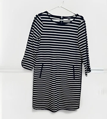 Vestido Lands End 10 listras brancas marinhas manga 3/4 bolsos de mudança conforto elástico - Imagem 1 de 4