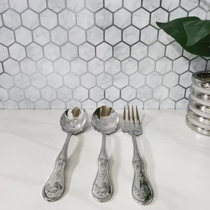 Pfaltzgraff Daybreak Stainless Serving Set Spoon Fork Slotted Spoon Rooster - Picture 1 of 6