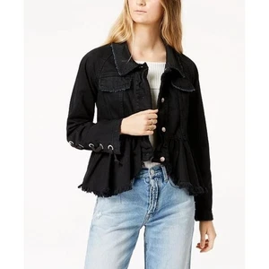 Free People Black Denim Peplum Jacket S Lace-Up Sleeve Boho Festival Grunge - Picture 1 of 12