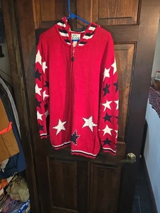 Quacker Factory Knit Cardigan Womens 3x Red Stars Stripes Zip Hooded Pocket - Picture 1 of 4