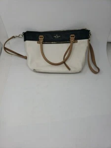 Kate Spade New York Cream/Black Leather Handbag Tote Zipper Crossbody Purse - Picture 1 of 7