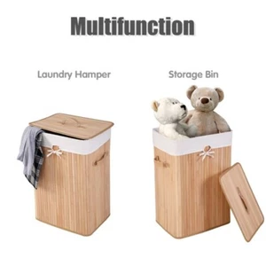 Rectangle Bamboo Hamper Laundry Basket, Toys Basket Washing Cloth Bin Bag Lid*** - Picture 1 of 24