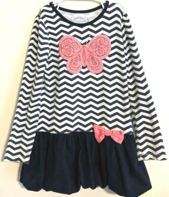 二手女孩 Flapdoodles 针织长袖连衣裙 7 码海军蓝/白色/粉色 — 第 1/3 张图片